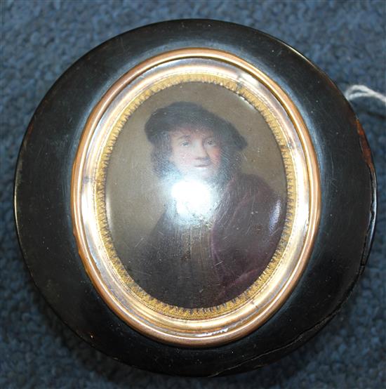 Nathaniel Hone R.A. (1718-1784) Miniature of Rembrandt as a young man, 1634, Miniature 2 x 1.5in. Box 3.25in.